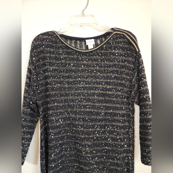 Women's Chicos Black Gold Silver SequenceStripe High Low Blouse Size One - Picture 3 of 9